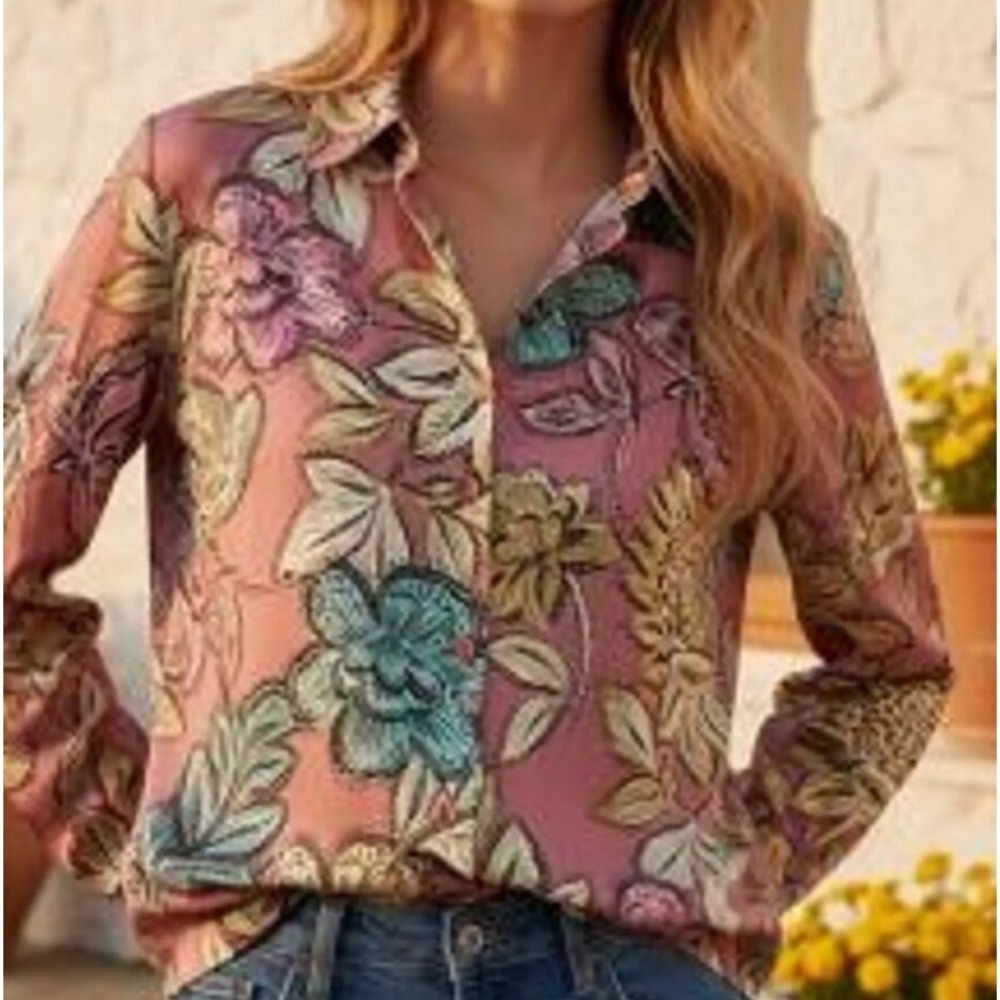 Sunny Leigh Womens XL Pink Floral Satin Button Down Blouse Long Sleeve SW222317